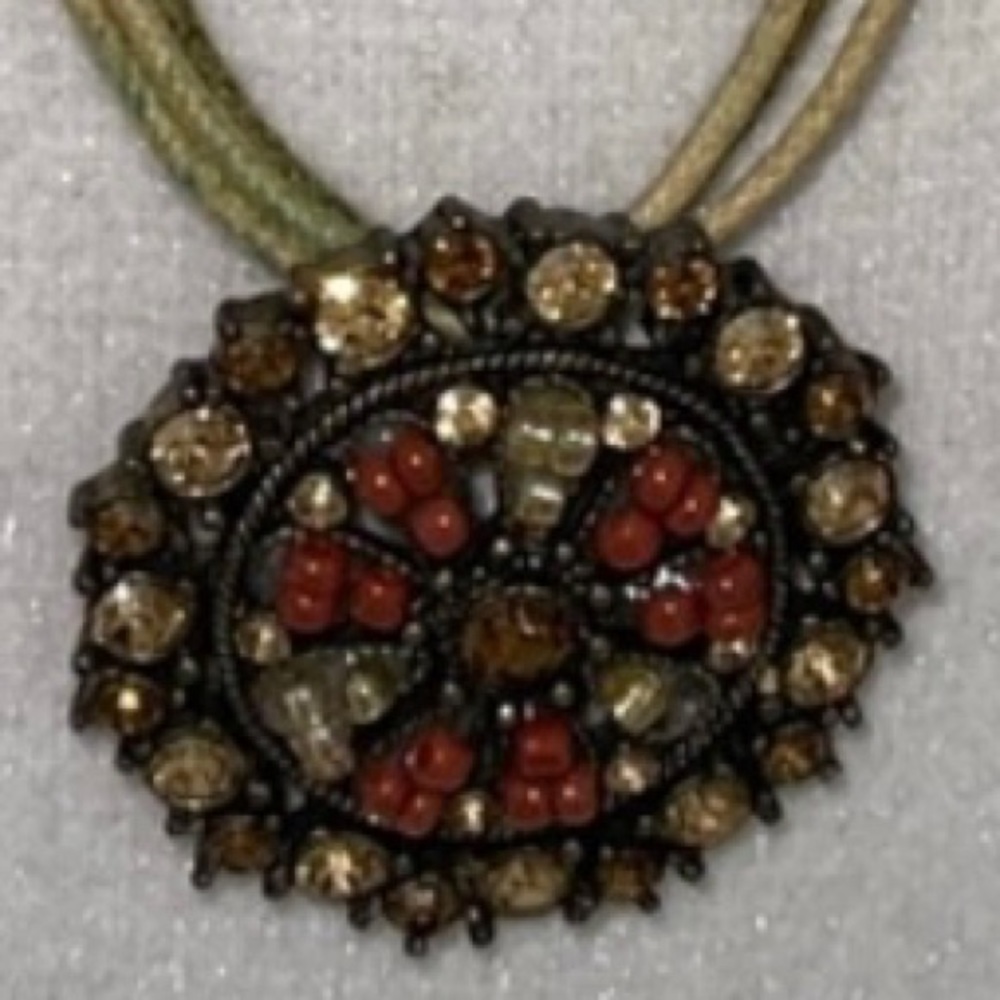 Lia Sophia Necklace Round Pendant Multicolor Brilliant Stones Gold Tone Cord - Picture 2 of 7